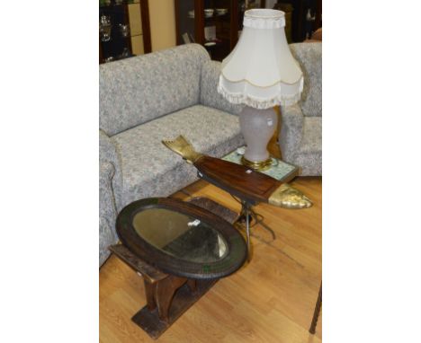 A contemporary lamp table, with mosaic top, fitted for electricity, together with an elephant stool, wooden framed wall mirro