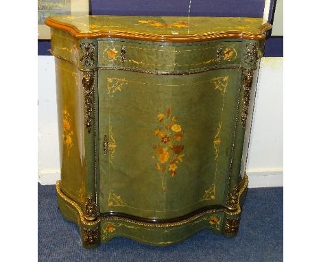 An Italian style lacquered serpentine commode cupboard, with single drawer above large door enclosing shelved interior, decor