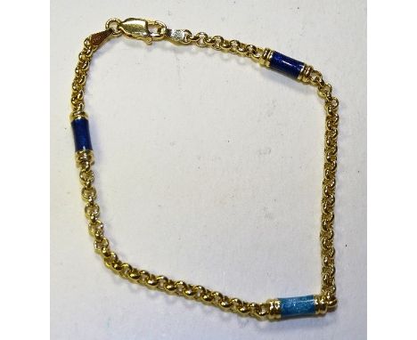 A 14ct gold and enamel twist link chain bracelet, set with three links of coloured blue enamel, stamped 14k, 18cm long, 5.5g 
