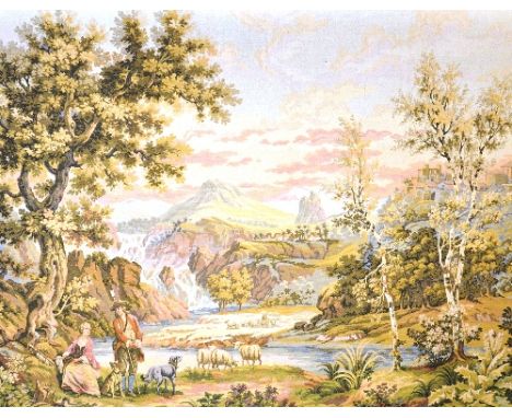 A large 17th century style wall hanging tapestry, depicting figures and sheep in landscape, 105 x 138cm