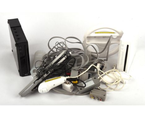 2 Nintendo Wii Consoles (one black and one white) and an assortment of cables and accessories Accessories include: Official W