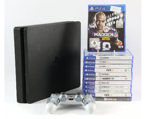 PlayStation 4 Slim (PS4 Slim) black console with a clear Dualshock 4 controller (x1) and 12 EA-published games Games include: