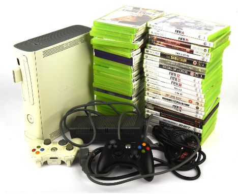 Xbox 360 console (unboxed) with 48 boxed games and 2 wireless controllers (one black, one white) Proceeds from the sale of th