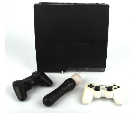 PS3 Slim console with DualShock 3 controllers (x2) one black and one white + PlayStation Move controller (x1) Proceeds from t