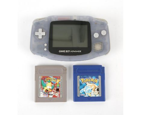 Pokémon Blue Game Boy game, Krusty's Fun House game and Glacier Gameboy Advance (GBA) System (PAL) Condition Report:  The GBA