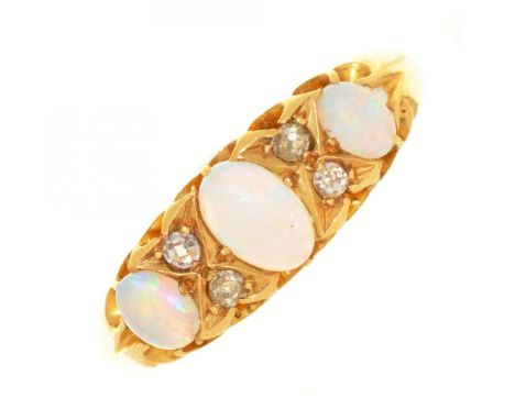 AN EDWARDIAN OPAL AND DIAMOND RING, IN 18CT GOLD, CHESTER 1906, 3.5G, SIZE P++GOOD CONDITION