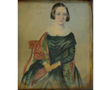 BRITISH NAIVE ARTIST, 19TH C, PORTRAIT MINIATURE OF A LADY, SEATED THREE QUARTER LENGTH, WATERCOLOUR, 17 X 14CM