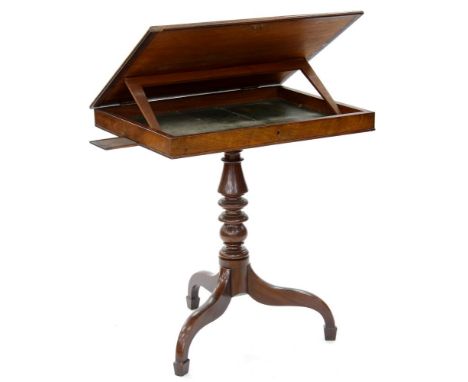 A VICTORIAN MAHOGANY ARTIST'S TABLE WITH ADJUSTABLE TOP AND TWO SLIDES, ON TURNED PILLAR AND TRIPOD, 53 X 68CM 