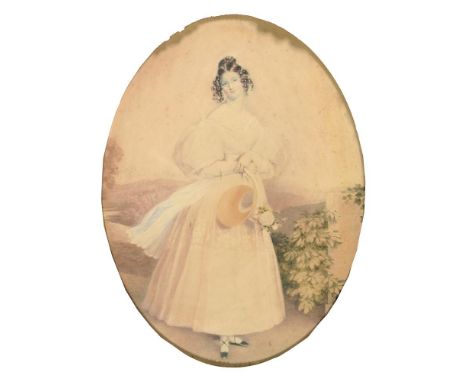 ENGLISH SCHOOL, EARLY 19TH C, PORTRAIT OF A YOUNG WOMAN, LANDSCAPE BEYOND, WATERCOLOUR, OVAL, 48 X 36CM, VICTORIAN GILTWOOD A