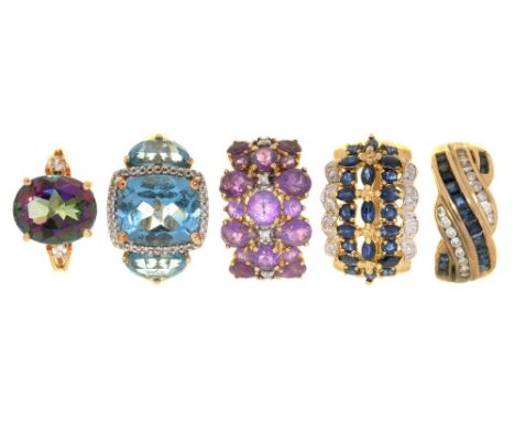 FIVE GEM SET 9CT GOLD RINGS, INCLUDING TWO SAPPHIRE AND DIAMOND RINGS, AN AMETHYST AND DIAMOND RING AND A TOPAZ AND DIAMOND R