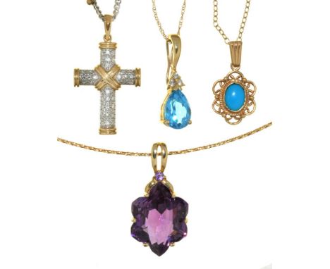 FOUR GEM SET PENDANTS IN 9CT GOLD OR GOLD MARKED 9CT, ON 9CT GOLD CHAINS OR CHAINS MARKED 9CT, COMPRISING A DIAMOND CROSS PEN