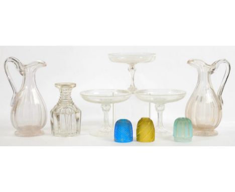 ONE AND A PAIR OF VICTORIAN GLASS TAZZE, ENGRAVED WITH FERNS, 17 AND 17.CM D, A PAIR OF VICTORIAN FACETED BALUSTER GLASS CLAR