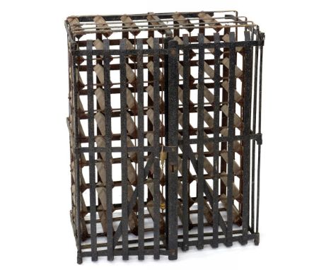 A LOCKABLE IRON CELLAR CAGE, 64CM L AND A TIMBER WINE RACK 