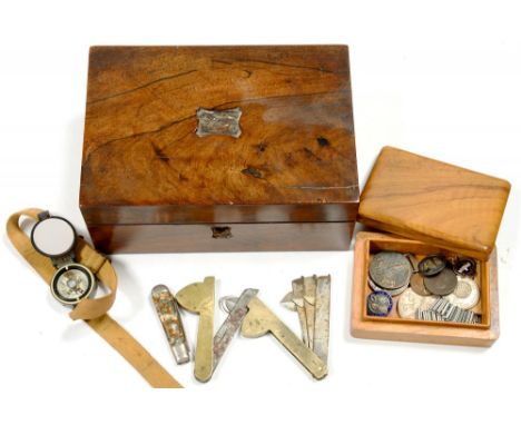 TWO VICTORIAN NICKEL BRASS AND STEEL VETERINARY FLEAMS, A WWII BRITISH ARMY ISSUE WRIST COMPASS, COINS, AN OLIVE WOOD BOX AND