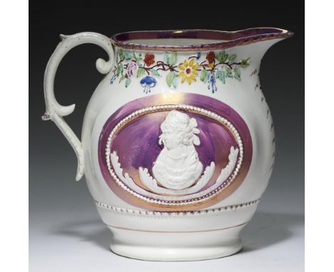 A STAFFORDSHIRE SUCCESS TO QUEEN CAROLINE LUSTRE WARE JUG, C1820, with oval relief moulded portrait to either side impressed 