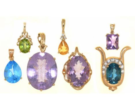 SEVEN GEM SET PENDANTS IN 9CT GOLD AND GOLD MARKED 9K, COMPRISING A PERIDOT AND DIAMOND PENDANT, A CITRINE AND DIAMOND PENDAN