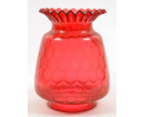 A CRANBERRY GLASS HONEYCOMB MOULDED LAMP SHADE, 29CM H