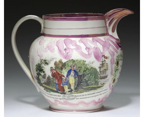 A SUNDERLAND LUSTRE JUG, 'GARRISON' POTTERY, C1830, with prints of the Wear Bridge, Sailor's Farewell and verse, one incorpor