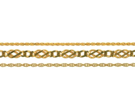 TWO 9CT GOLD CHAINS, AND A GOLD CHAIN MARKED 375, 21G++LIGHT WEAR CONSISTENT WITH AGE