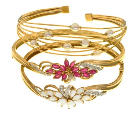 THREE GOLD BRACELETS COMPRISING A PEARL BRACELET IN 9CT GOLD, AN OPAL AND DIAMOND BRACEET IN GOLD MARKED 9K AND A RUBY AND DI