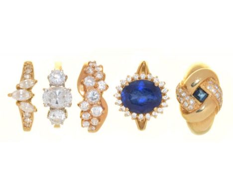 FIVE GEM SET 14CT GOLD RINGS, INCLUDING A SAPPHIRE AND DIAMOND RING, 22G, SIZE K½ - L½++LIGHT WEAR CONSISTENT WITH AGE 