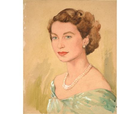 JUNE RYAN, 1953, PORTRAIT OF HM THE QUEEN, SIGNED AND DATED, WATERCOLOUR, 44 X 36CM, UNFRAMED 