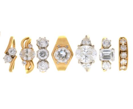 SEVEN GEM SET 14CT GOLD RINGS, 22.5G, SIZE K - M++LIGHT WEAR CONSISTENT WITH AGE