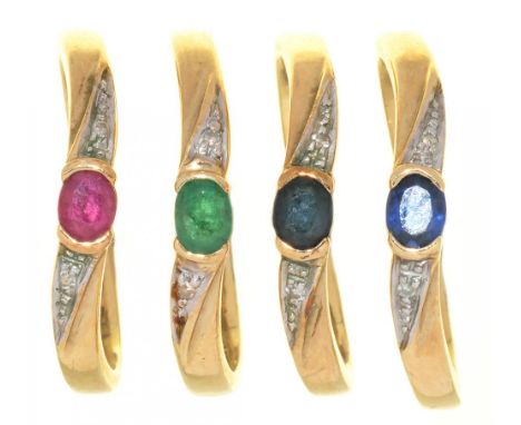 A HARLEQUIN GROUP OF FOUR 9CT GOLD RINGS COMPRISING TWO SAPPHIRE AND DIAMOND RINGS, A RUBY AND DIAMOND RING, AND AN EMERALD A