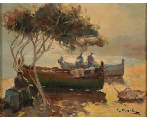 A SEPIA PRINT IN ARCHITECTURAL OAK FRAME AND BRITISH SCHOOL, FISHING BOATS ON A SUNLIT BEACH, INDISTINCTLY SIGNED, OIL ON CAN