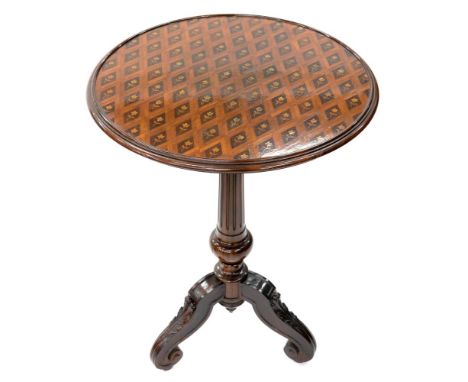 A VICTORIAN ROSEWOOD TRIPOD TABLE, THE ROUND TOP INLAID WITH FLOWERS IN LOZENGE PARQUETRY TRELLIS, 53CM D