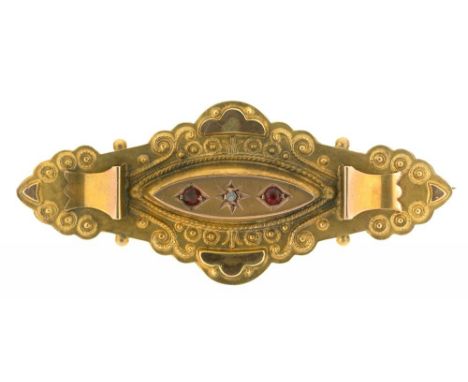 A VICTORIAN ROSE CUT DIAMOND AND RUBY BROOCH, IN GOLD MARKED 9CT, 3G++LIGHT WEAR CONSISTENT WITH AGE