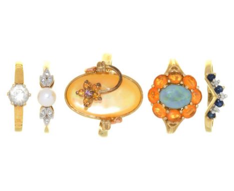 FIVE GEM SET 9CT GOLD RINGS, INCLUDING AN OPAL AND FIRE OPAL CLUSTER RING, A PEARL AND DIAMOND RING AND A SAPPHIRE AND DIAMON