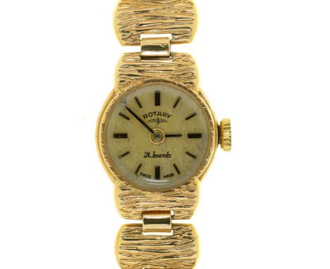 A ROTARY 9CT GOLD LADY'S WRISTWATCH, ON 9CT GOLD BRACELET, 14.5G++RUNNING, LIGHT WEAR CONSISTENT WITH AGE 