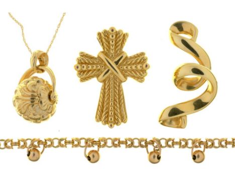 THREE 14CT GOLD PENDANTS, A 14CT GOLD BRACELET AND CHAIN, 15G ++LIGHT WEAR CONSISTENT WITH AGE