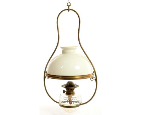 A LATE VICTORIAN BRASS ROPE FRAMED HANGING OIL LAMP WITH CUT GLASS FOUNT AND A WHITE GLASS SHADE, 70CM H