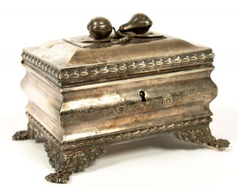 A CONTINENTAL SILVER TEA CADDY, 15 CM W, MAKER'S AND CONTROL MARKS, EARLY 19TH C, 14OZS++GOOD CONDITION, TARNISHED. NO KEY