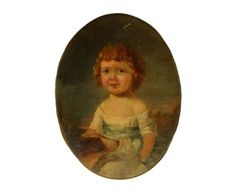 BRITISH SCHOOL, EARLY 19TH C, PORTRAIT OF A LADY; PORTRAIT OF A CHILD WITH A DOG, TWO, OIL ON CANVAS LAID ON BOARD, OVAL, 19.