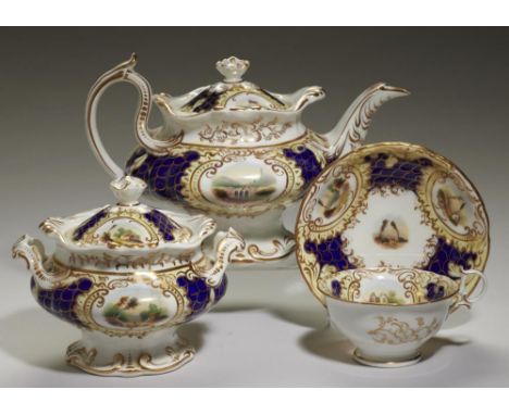 A GRAINGER WORCESTER TEAPOT AND COVER, SUGAR BOX AND COVER AND TEA CUP AND SAUCER, C1845, painted with vignettes, the ground 