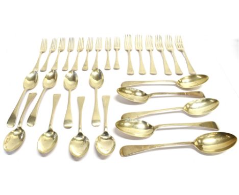 SILVER FLATWARE OLD ENGLISH PATTERN  comprising nine dessert forks, six table forks, five table spoons and eight dessert spoo