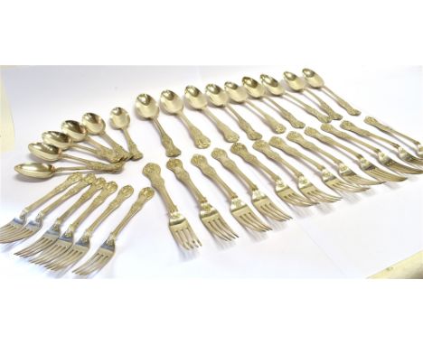 A VICTORIAN PART CANTEEN OF QUEEN'S PATTERN SILVER FLATWARE  comprising twelve table forks, six dessert forks, nine tablespoo