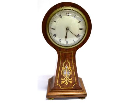 AN EDWARDIAN MAHOGANY BALLOON CASED MANTLE CLOCK  with mother-of-pearl and brass inlaid decoration, 26cm high