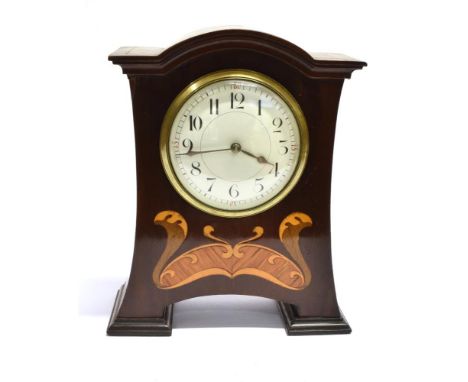 AN EDWARDIAN ART NOUVEAU MAHOGANY MANTLE CLOCK   with marquetry decoration, 21cm high