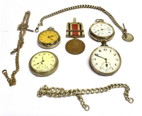 TWO SILVER POCKET WATCHES  Together with two white metal pocket watches to include Railway Regulator, two silver Albert chain