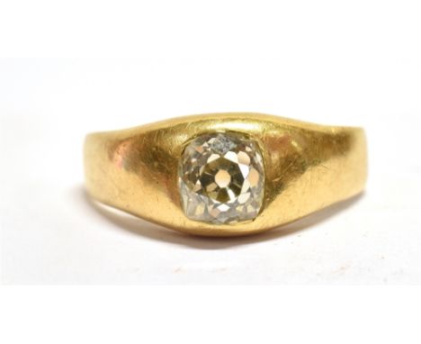 A 1.25 CARAT DIAMOND SOLITAIRE YELLOW GOLD SIGNET RING The deep old cushion cut diamond with culet approx. 6.2mm x 6.00mm cal