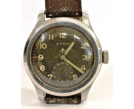 A CYMA WW11 BRITISH MILITARY ISSUE STEEL WRIST WATCH Illuminous infill Arabic numerals and hands to black dial with broad arr