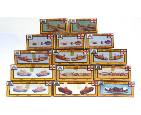 FOURTEEN D &amp; M WHITE METAL R.N.L.I. LIFEBOAT KITS  comprising Nos LB1, Waveney Lifeboat; LB2, Oakley Lifeboat (x3); LB3, 