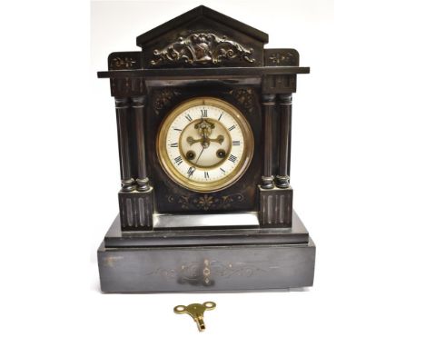 A VICTORIAN SLATE MANTEL CLOCK  with visible escapement, the French 8-day movement stamped Japy Freres, the architectural sla