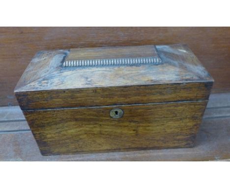 A rosewood veneer sarcophagus shaped tea caddy, a/f