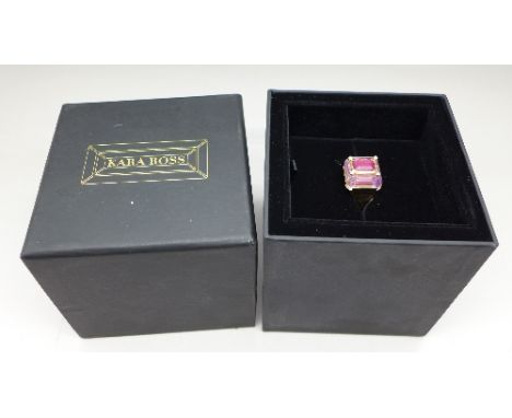 An 18ct gold Kara Ross small cava amethyst and ruby ring with diamond accents, limited edition with box, signed Kara Ross, 17
