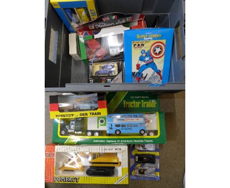 Model vehicles;- Joal Compact Caterpillar, Corgi The Italian Job, Corgi Captain America, Publix Fast Wheel Tractor Trailer an